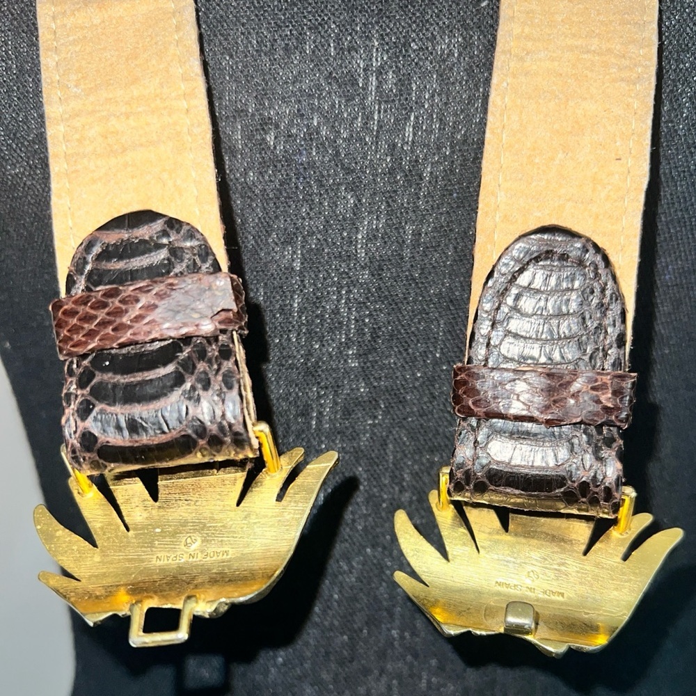 Vintage Women’s Gold Tone Leaves Buckle with Genuine Dark Brown Snake Skin Belt - Picture 9 of 16